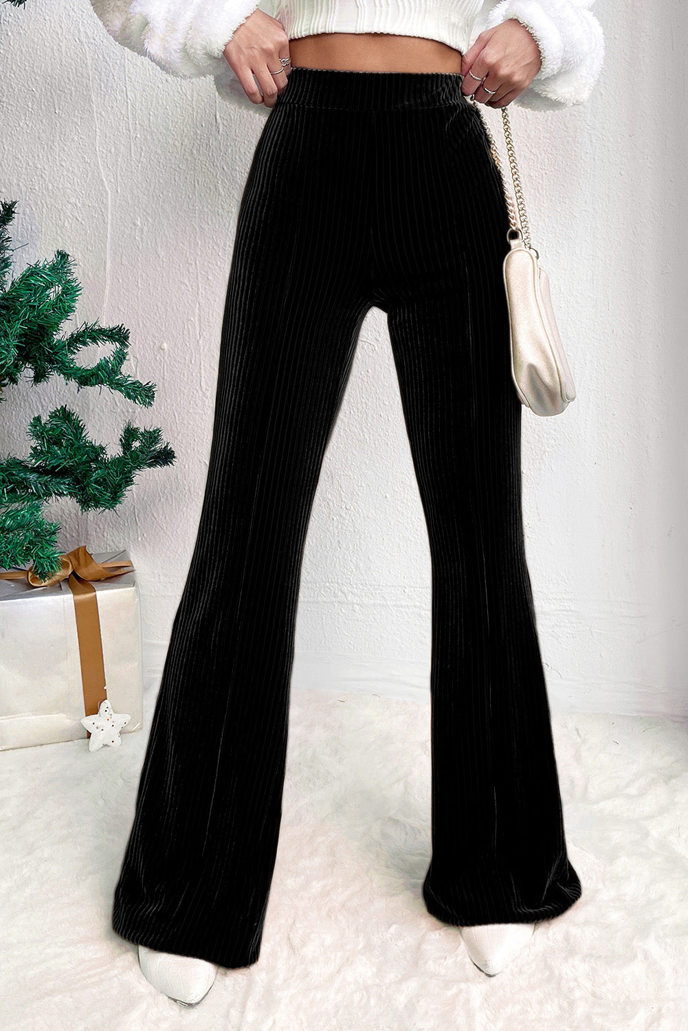 Solid Color High Waist Flare Corduroy Pants