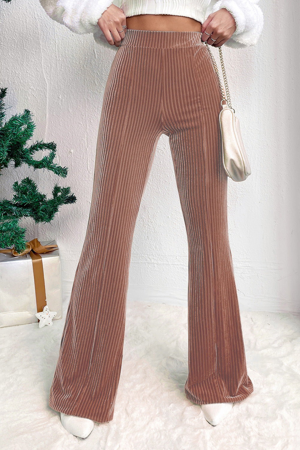 Solid Color High Waist Flare Corduroy Pants