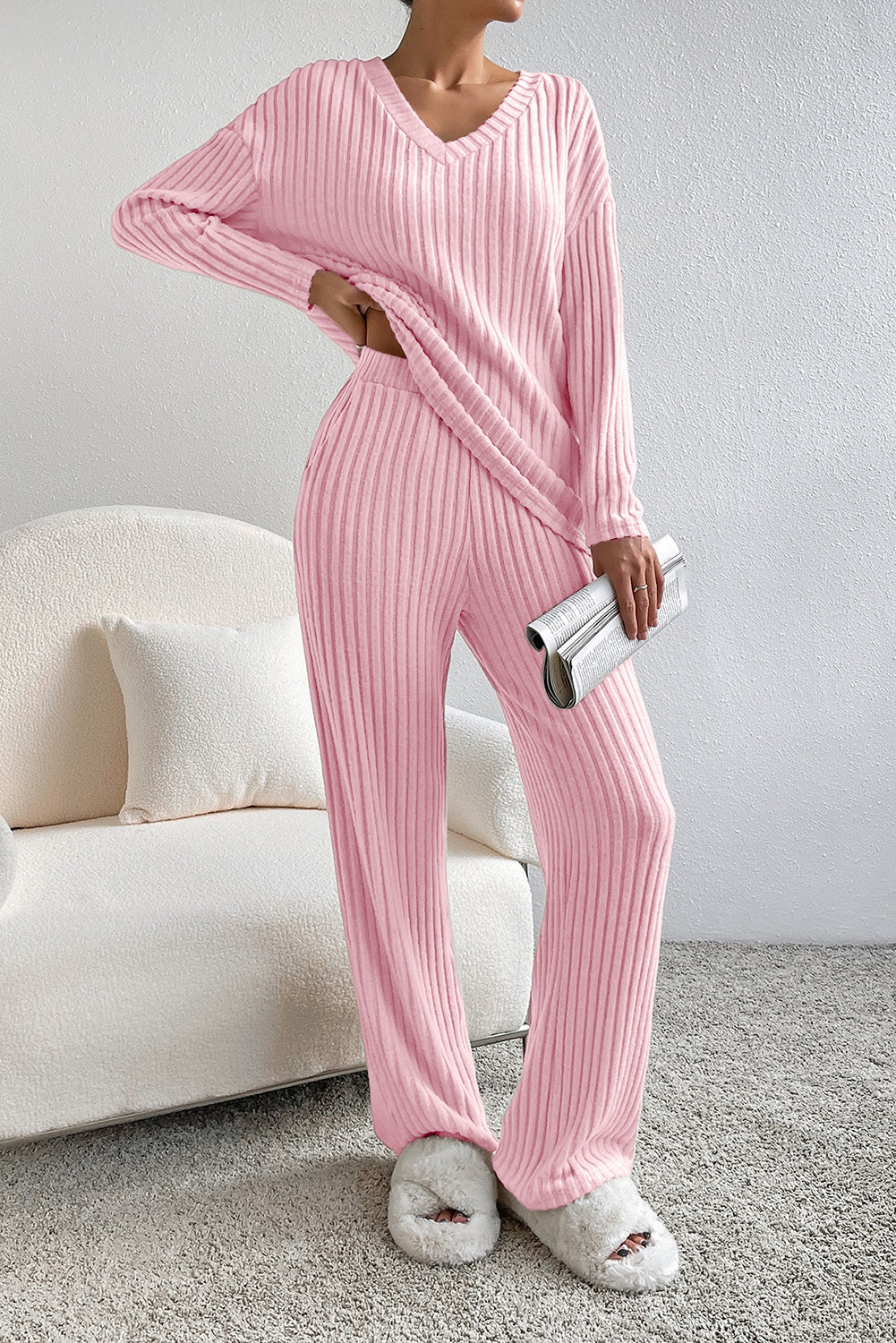 Long Slouchy Ribbed V Neck Lounge Pants Set