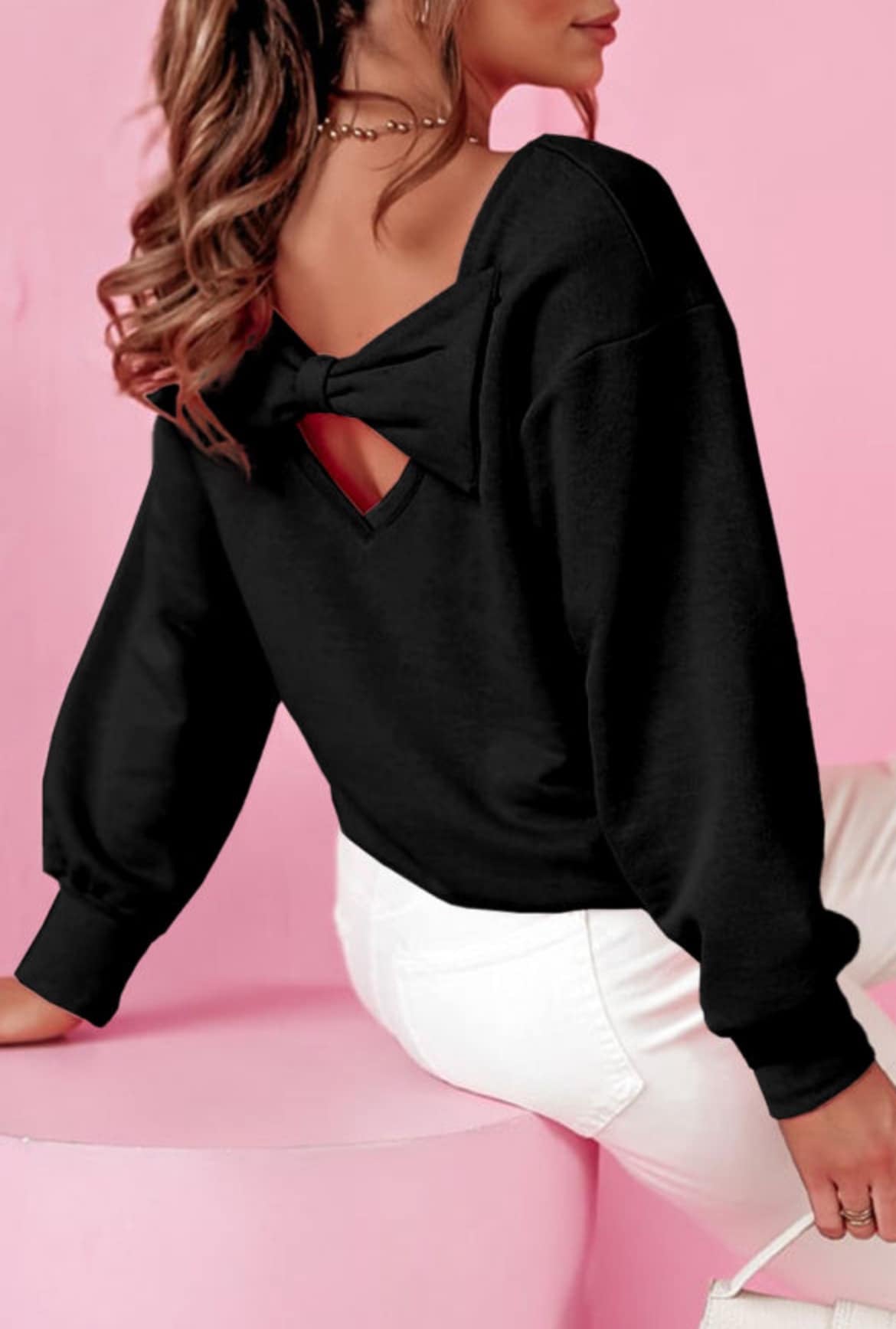 Bow Knot Back Round Neck Sweatshirt