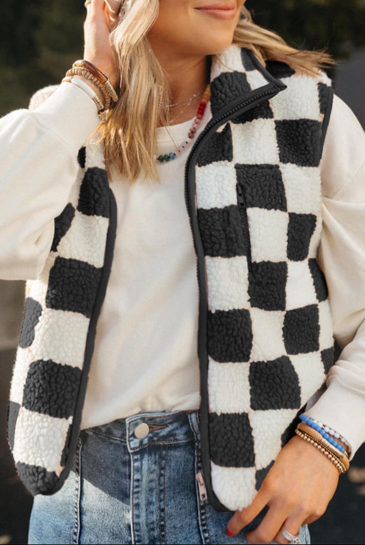 Checkered Sherpa Collared Vest