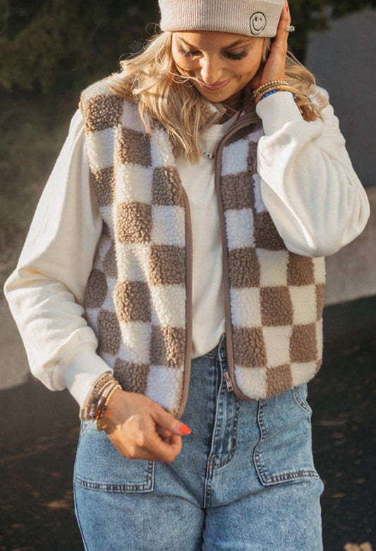 Checkered Sherpa Collared Vest