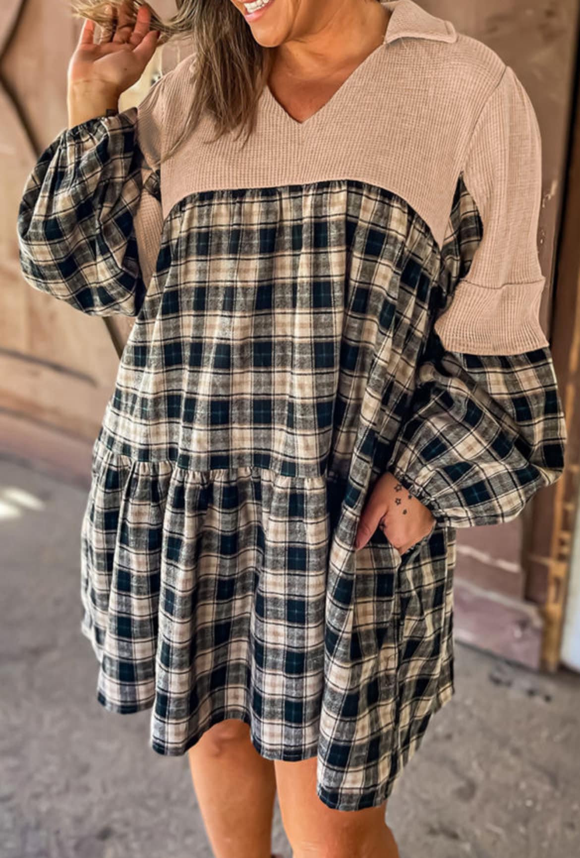 Plus Size Black and Tan Plaid Dress