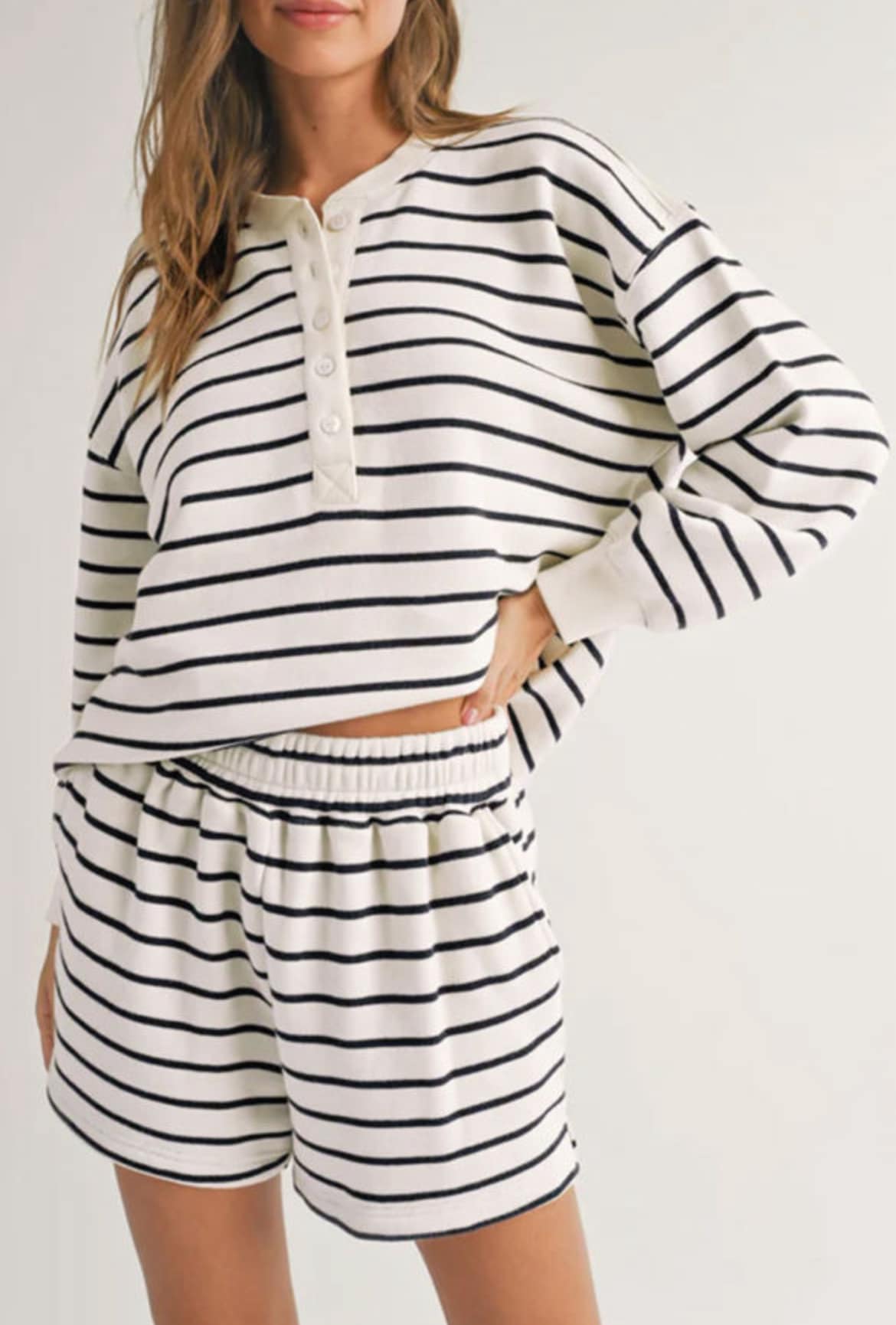 White and Black Stripe Shorts Lounge Set