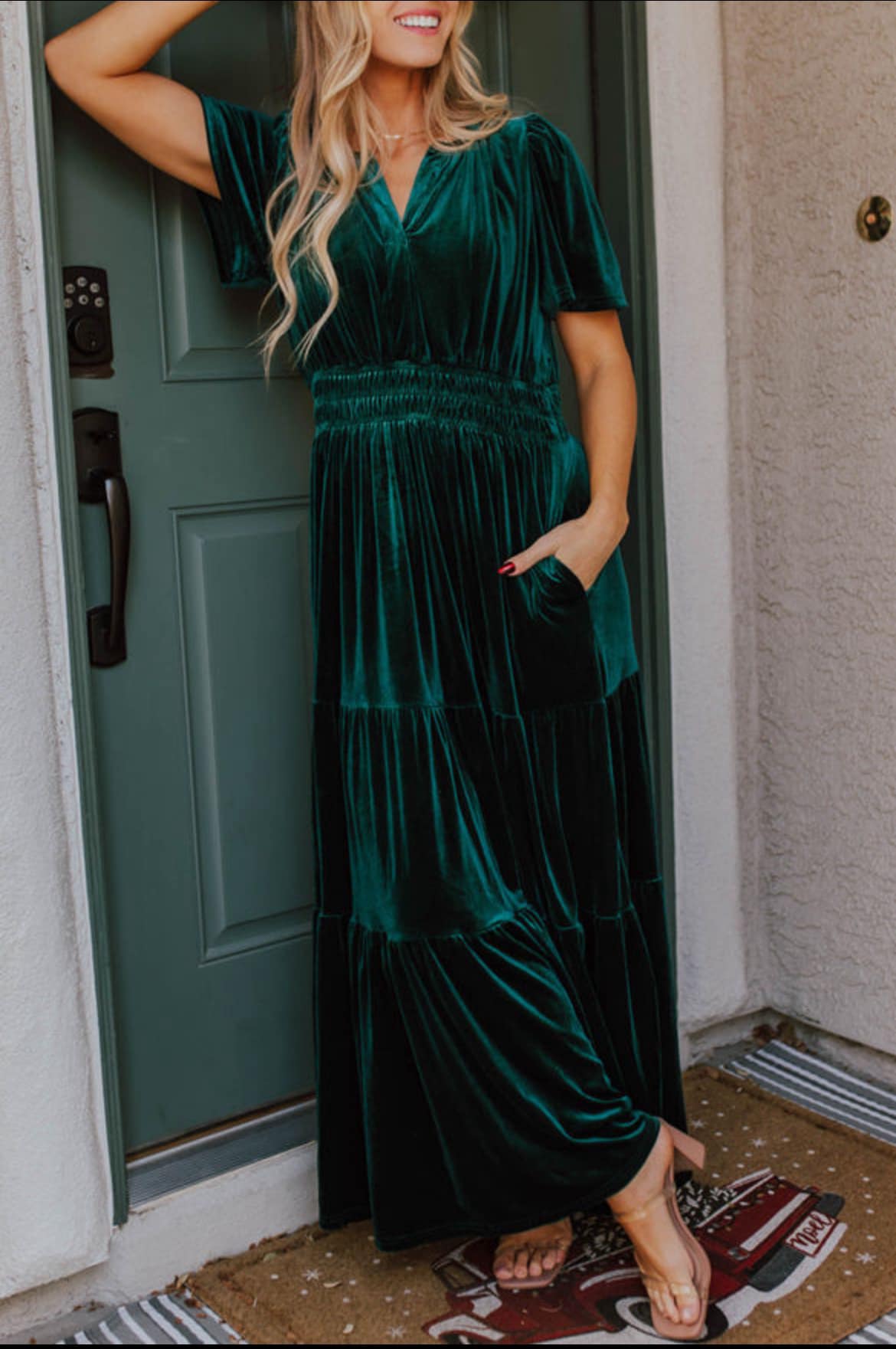 Velvet Short Sleeve Tiered Maxi Dress