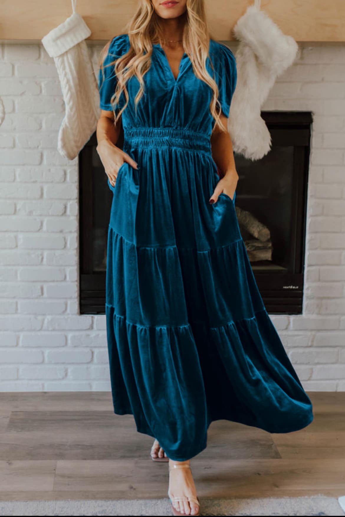 Velvet Short Sleeve Tiered Maxi Dress