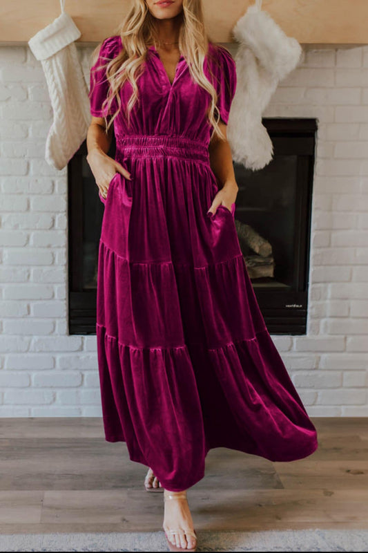 Velvet Short Sleeve Tiered Maxi Dress