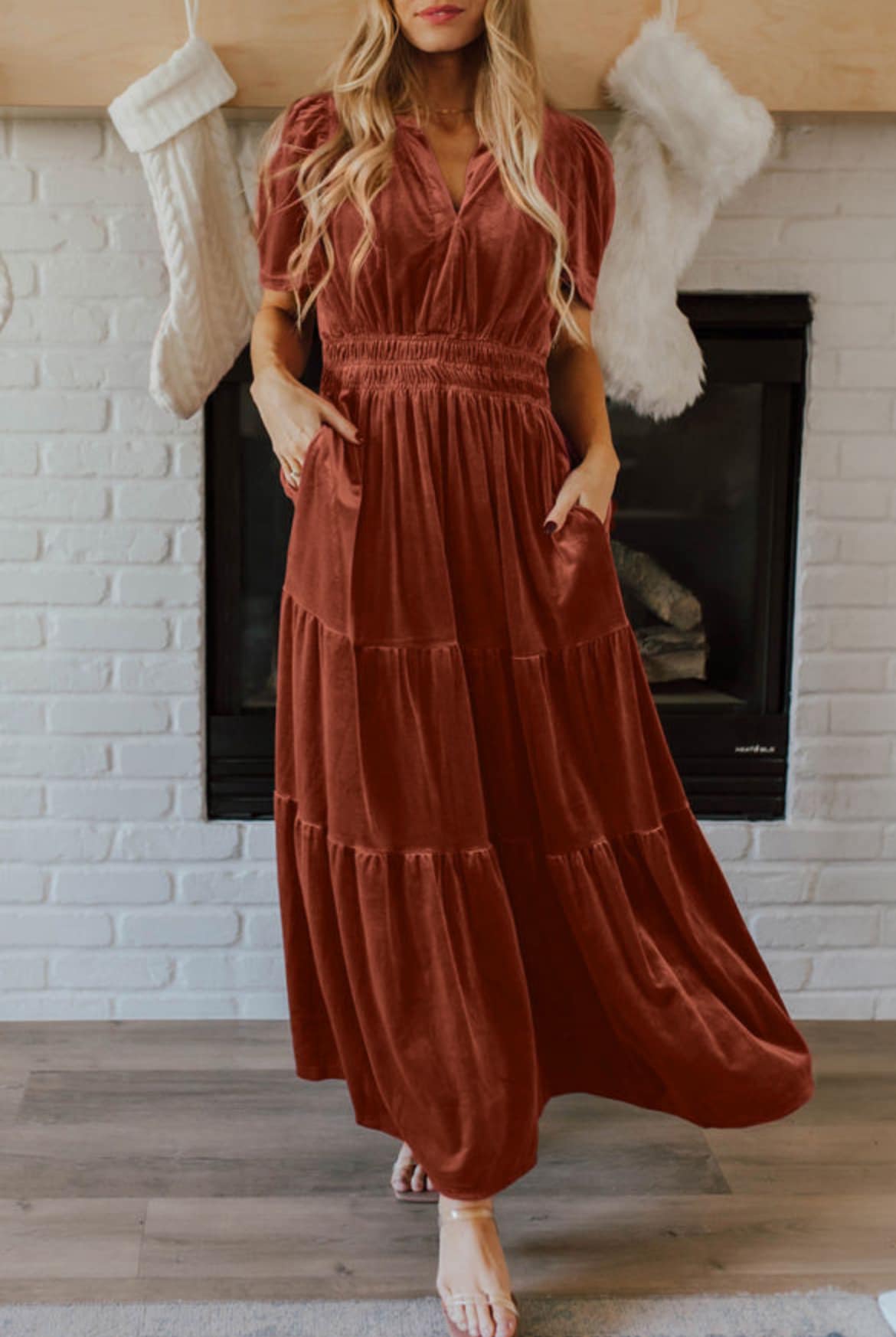 Velvet Short Sleeve Tiered Maxi Dress