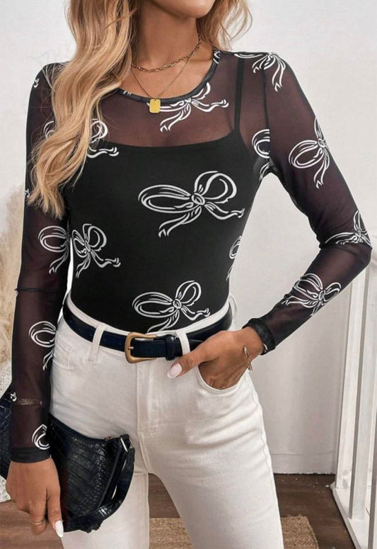 Black and White Bow Mesh Top