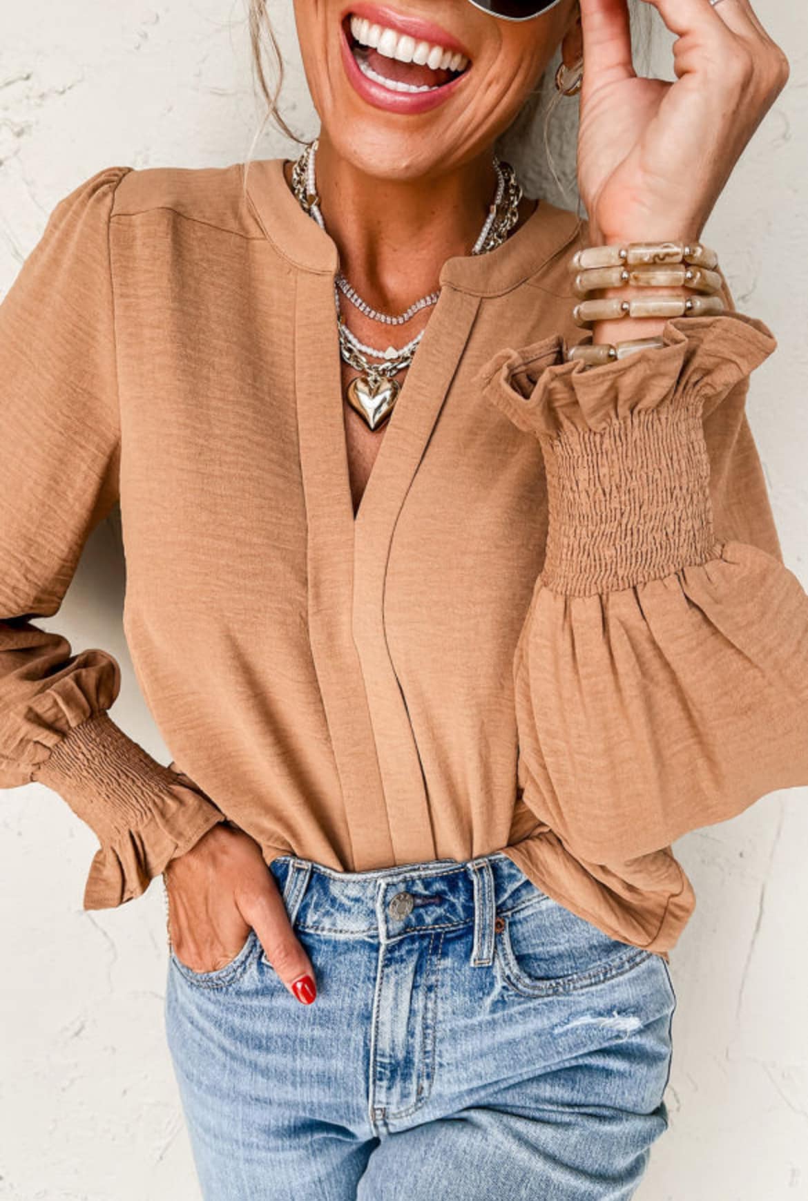 Straw Solid Shirred Cuff Tops