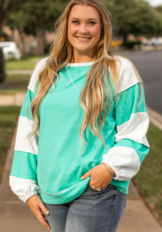 Plus Size Teal Green Stripe Sleeve Top