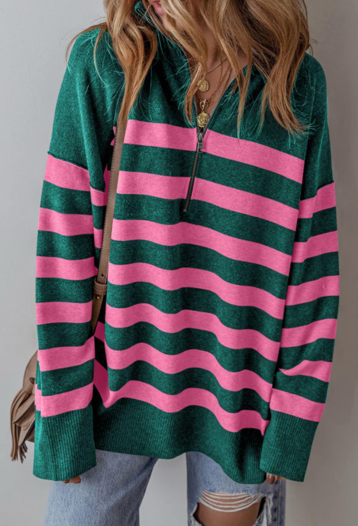 Stripe Collared Quarter Zipper Sweater