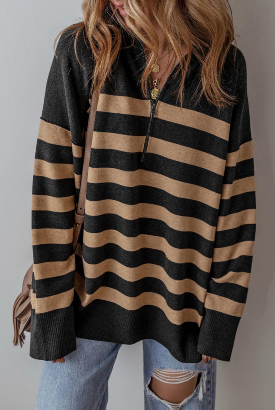 Stripe Collared Quarter Zipper Sweater