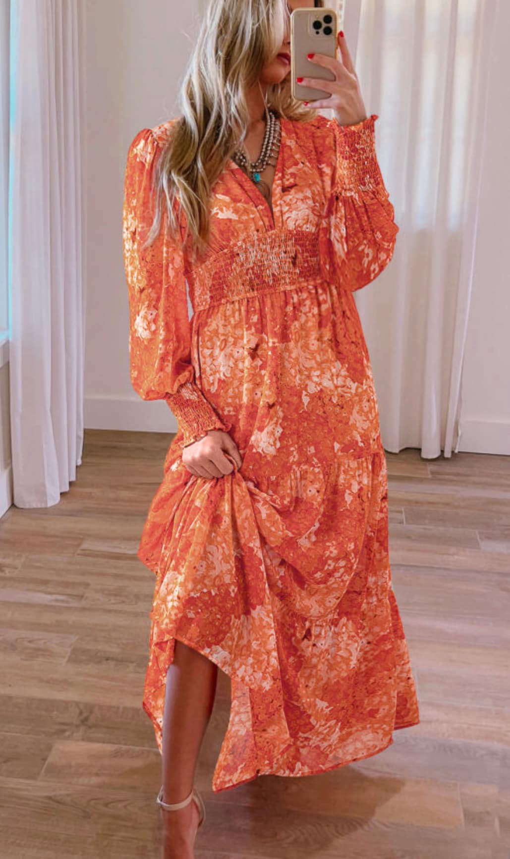 Orange Floral Dotted Maxi Dress