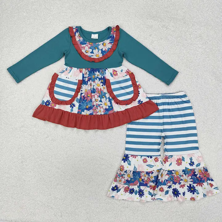 Girls Flower Pockets Tunic Bell Pants Set