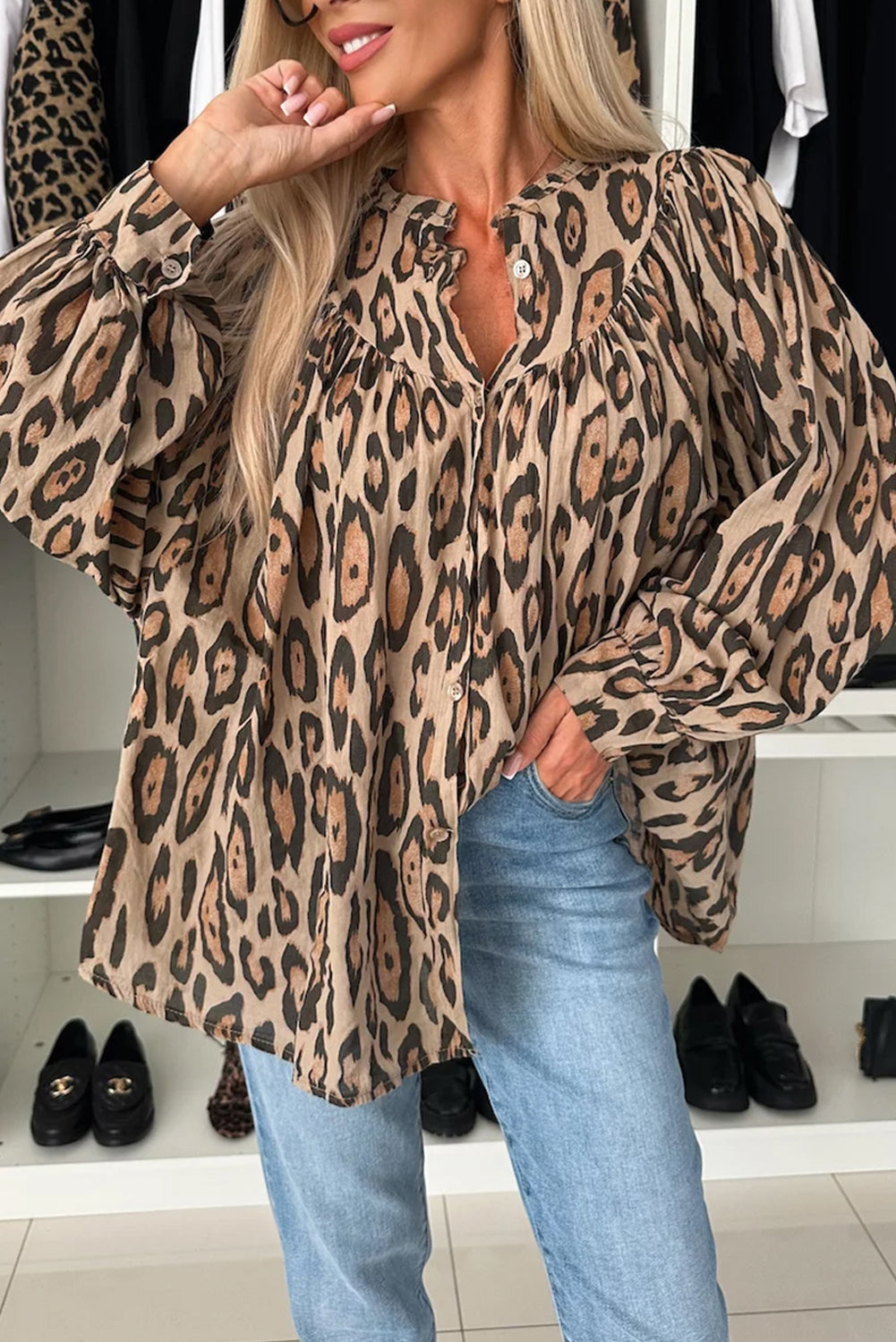 Oversize Leopard Balloon Sleeve Shirt