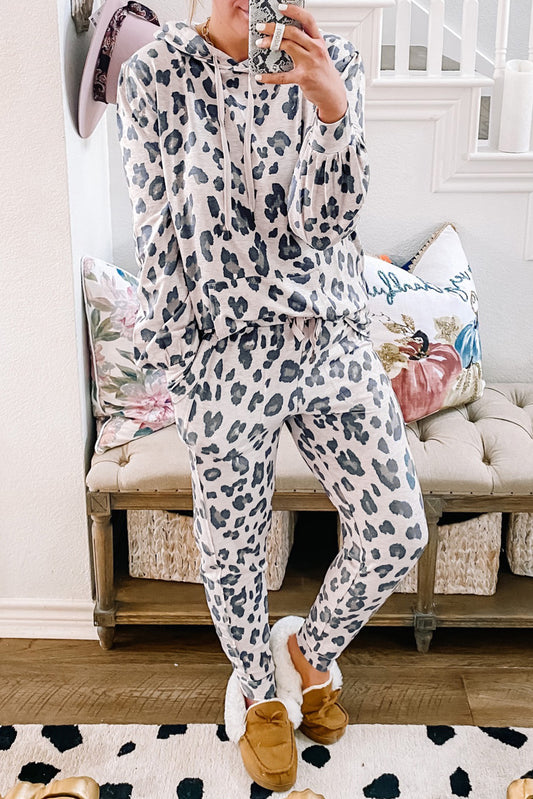 Leopard Drawstring Hoodie Lounge Set