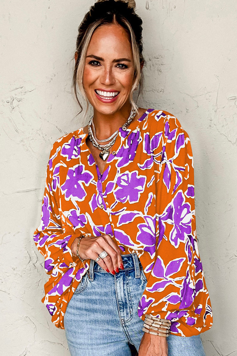 Floral Print Batwing Sleeve Buttoned Shirt