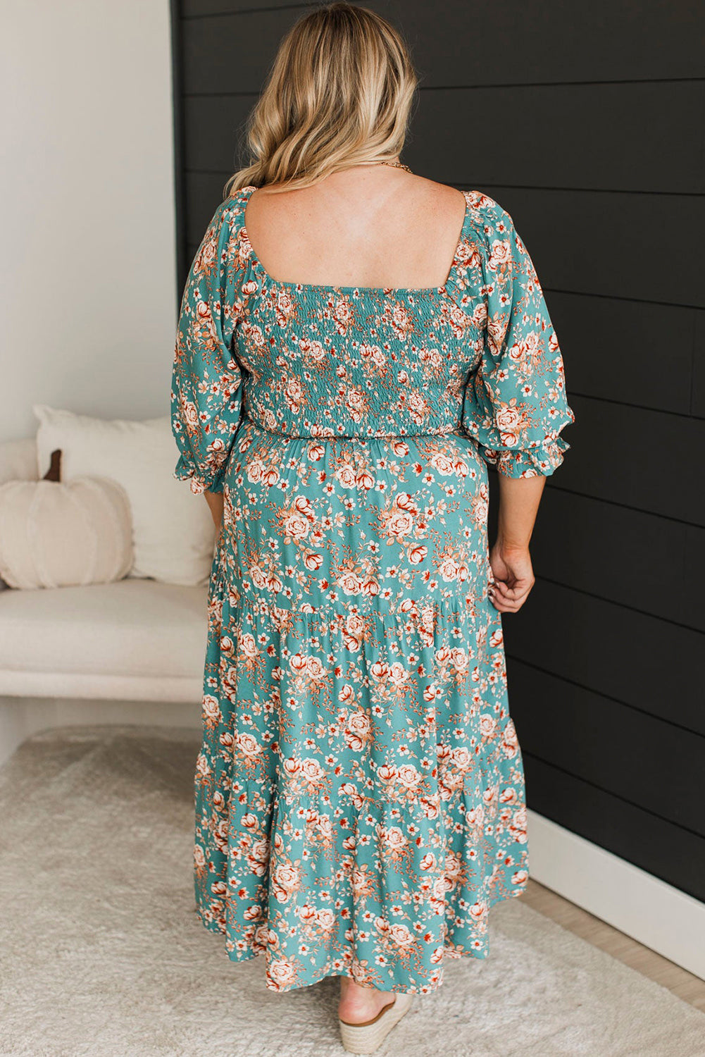 Plus Size Floral Teal Smocked Maxi Dress