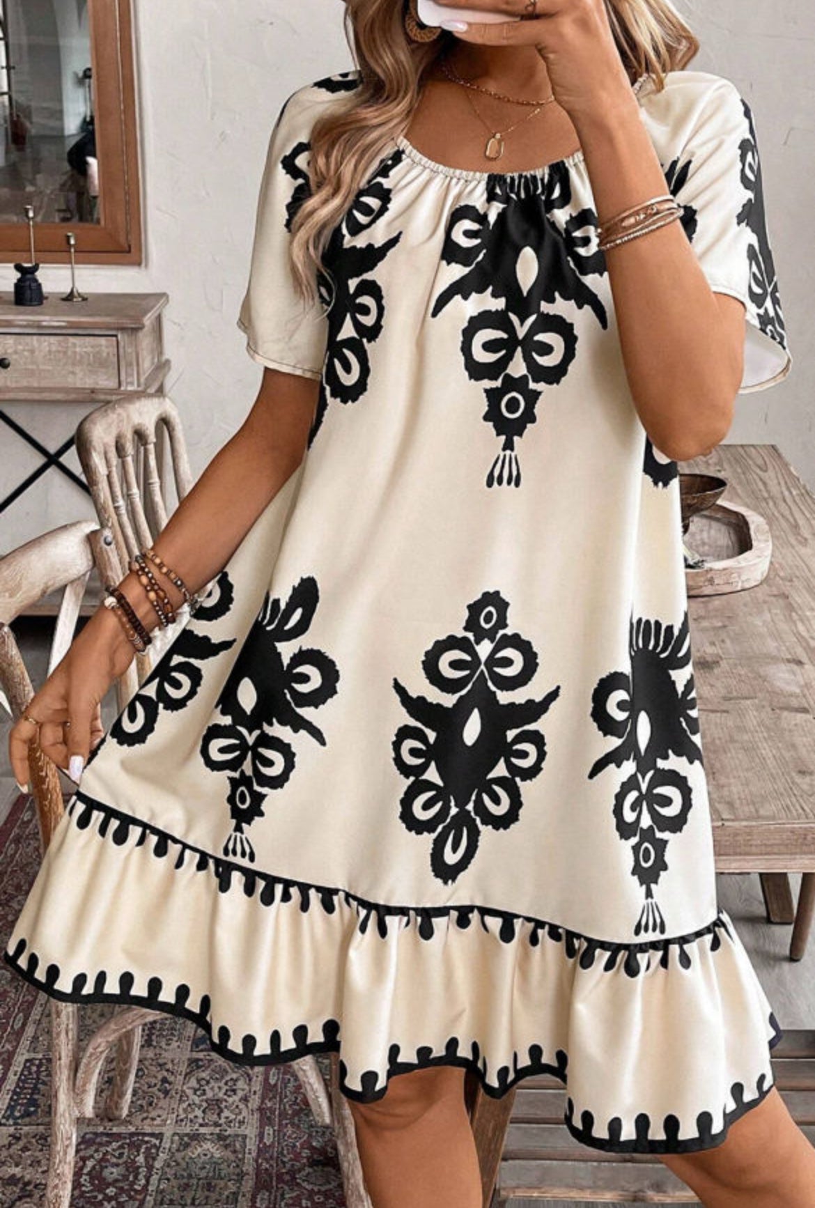 Western Printed Ruffled Loose Dress