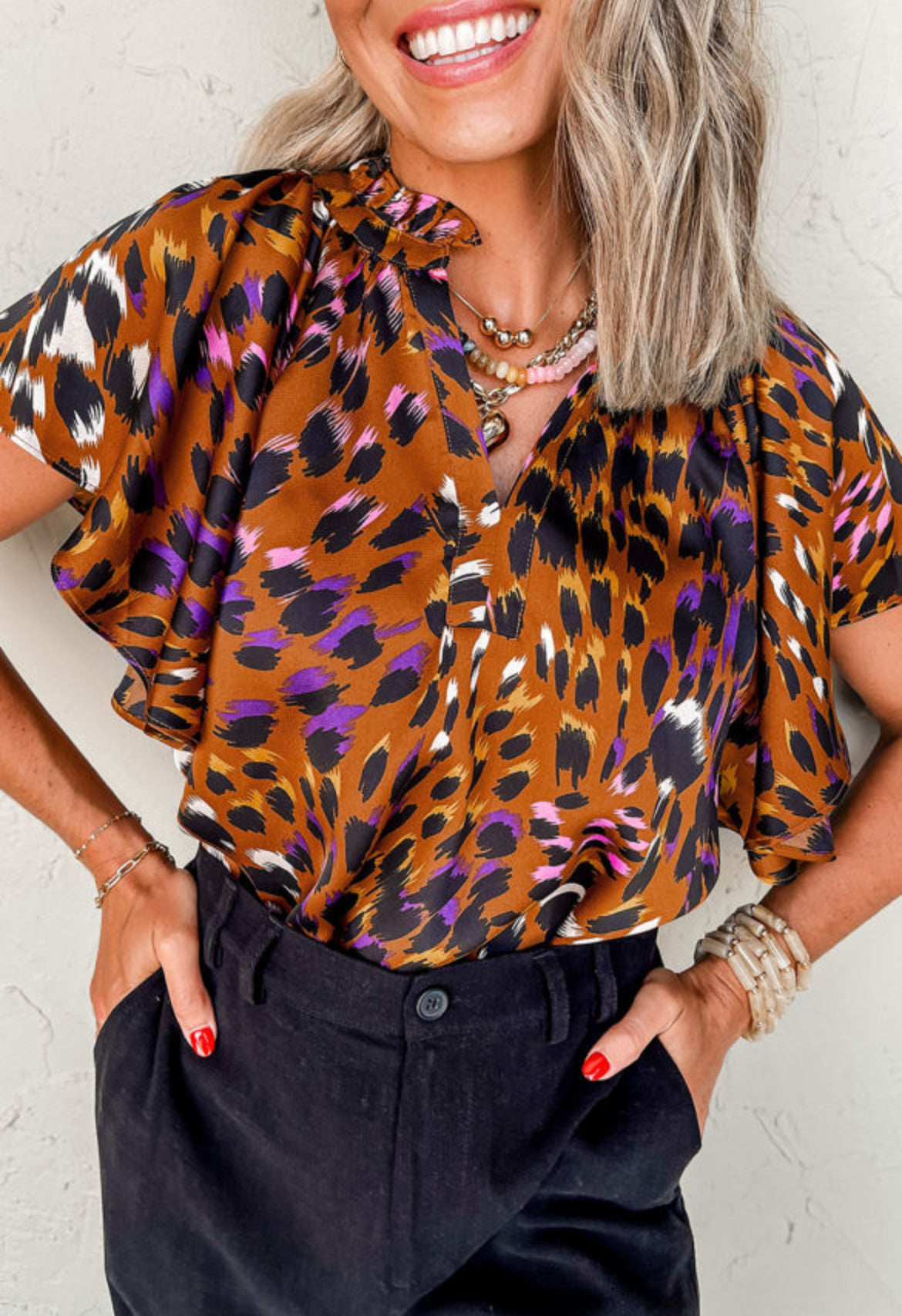 Cheetah Printed V Neck Blouse