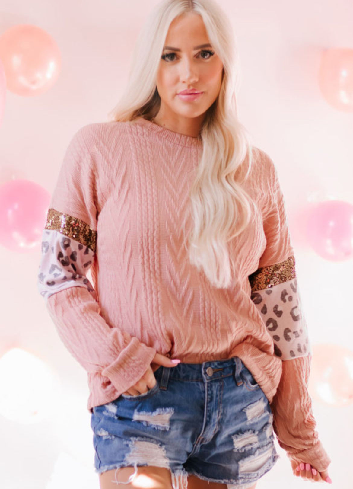 Pink Leopard Patch Sleeve Sweater