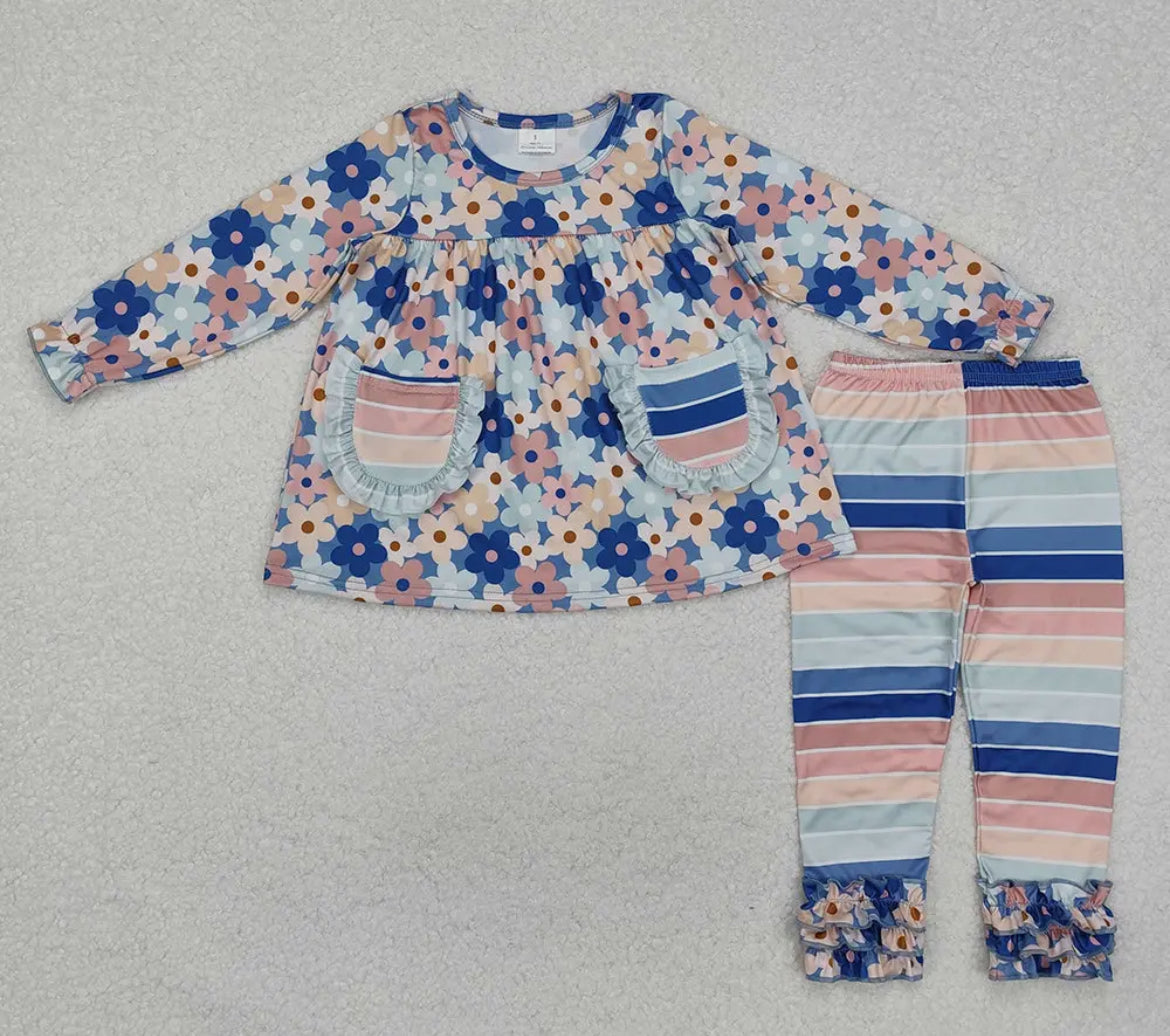 Blue Floral Striped Girls Set