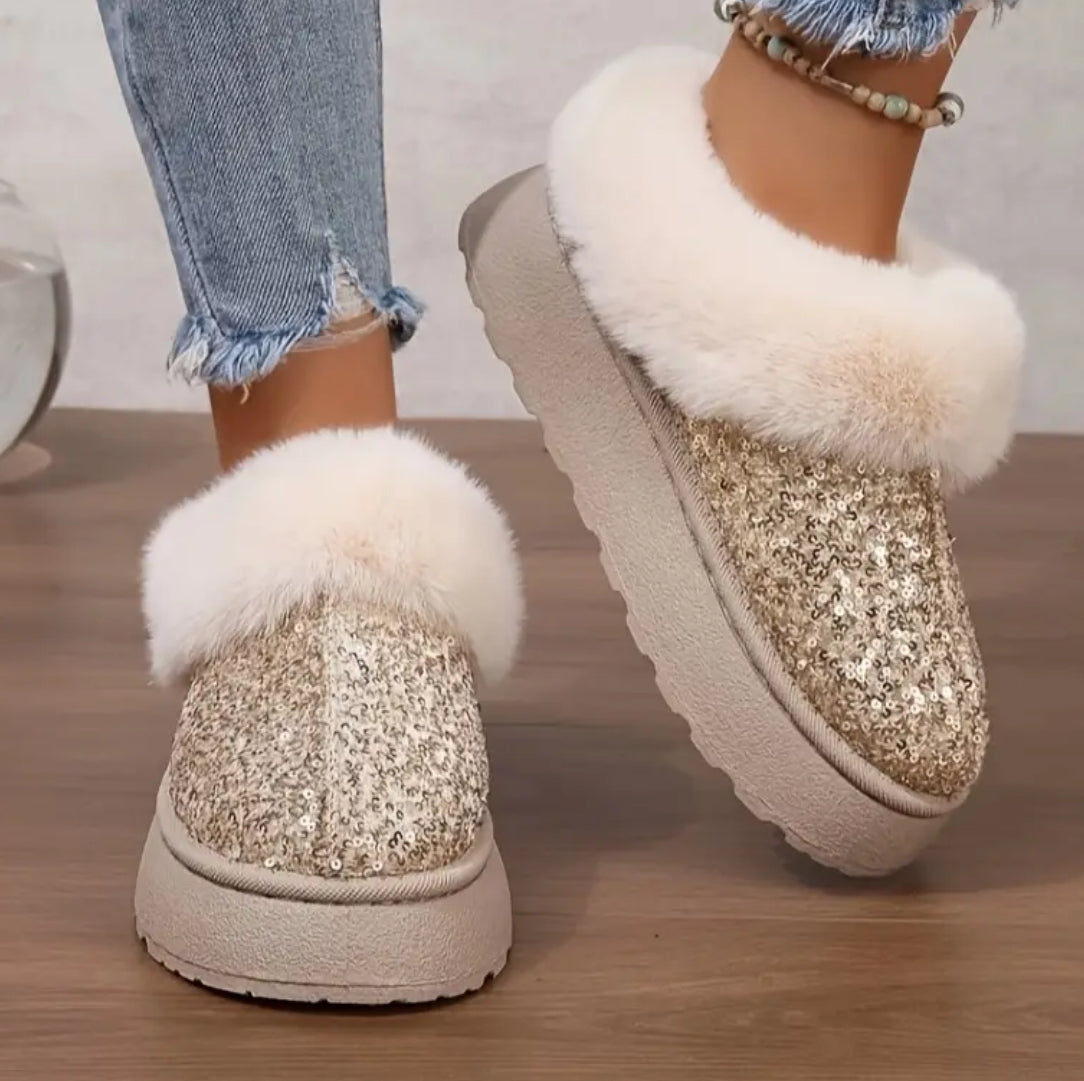 Sequin Fur Lined Slip On Boots