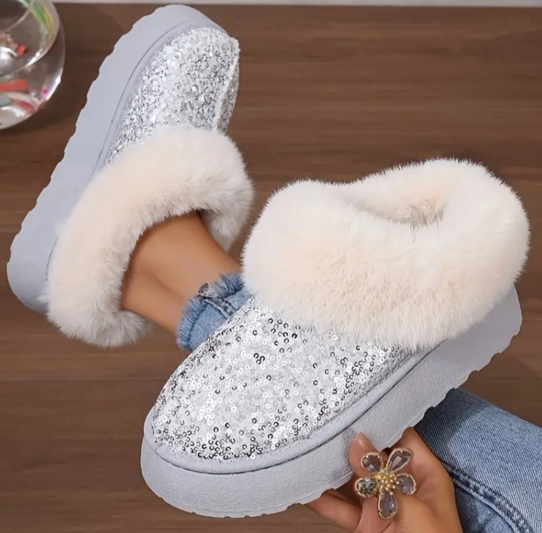 Sequin Fur Lined Slip On Boots