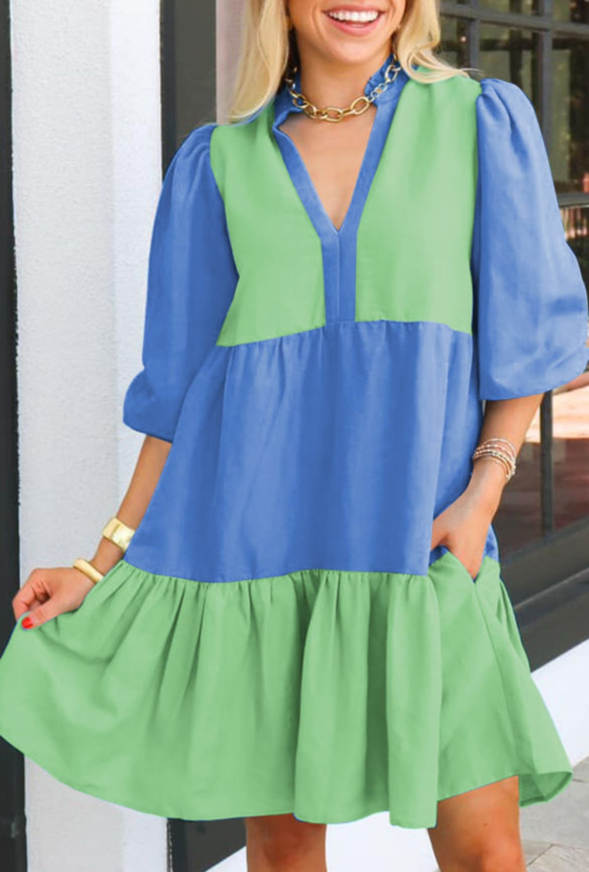 Green & Blue Colorblock Dress