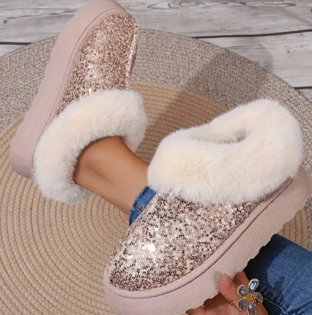 Sequin Fur Lined Slip On Boots