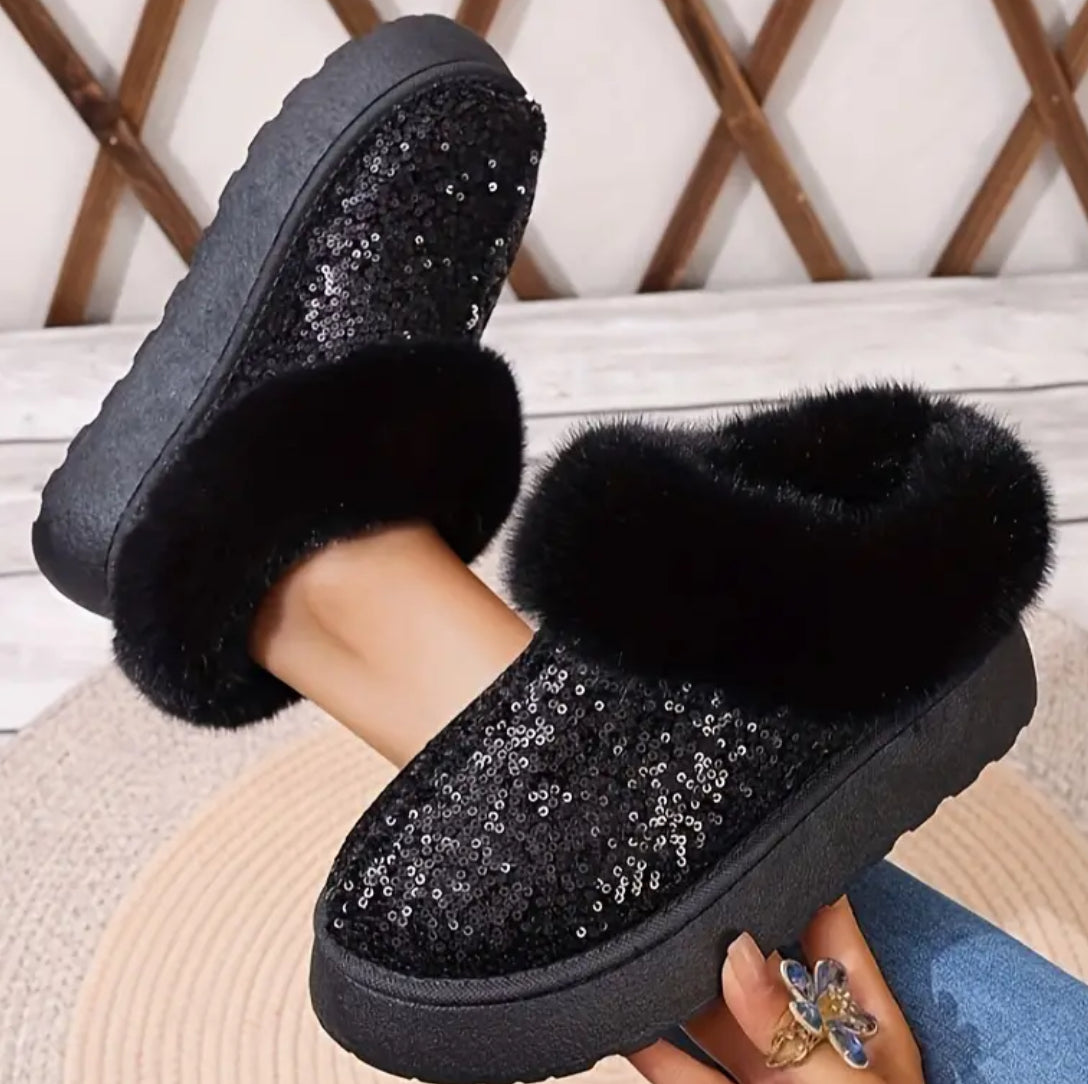 Sequin Fur Lined Slip On Boots