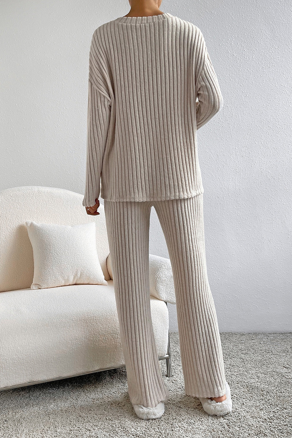 Long Slouchy Ribbed V Neck Lounge Pants Set