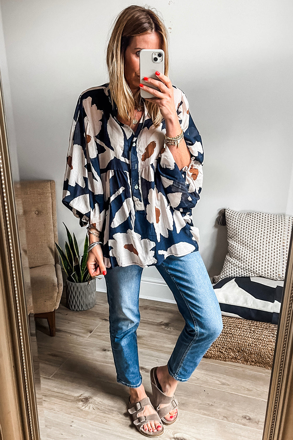 Abstract Floral Puff Sleeve Half Button Blouse