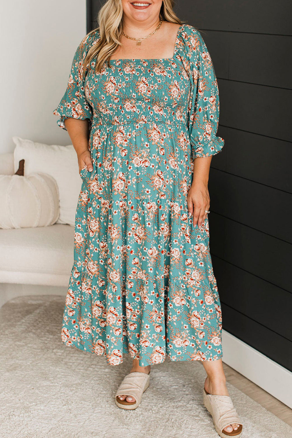 Plus Size Floral Teal Smocked Maxi Dress