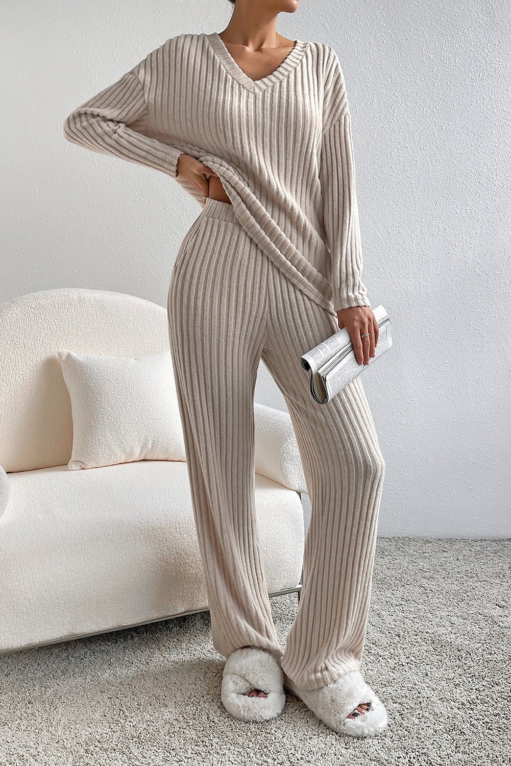 Long Slouchy Ribbed V Neck Lounge Pants Set